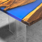 Custom made blue epoxy river solid natural wood dining table for 8 seats