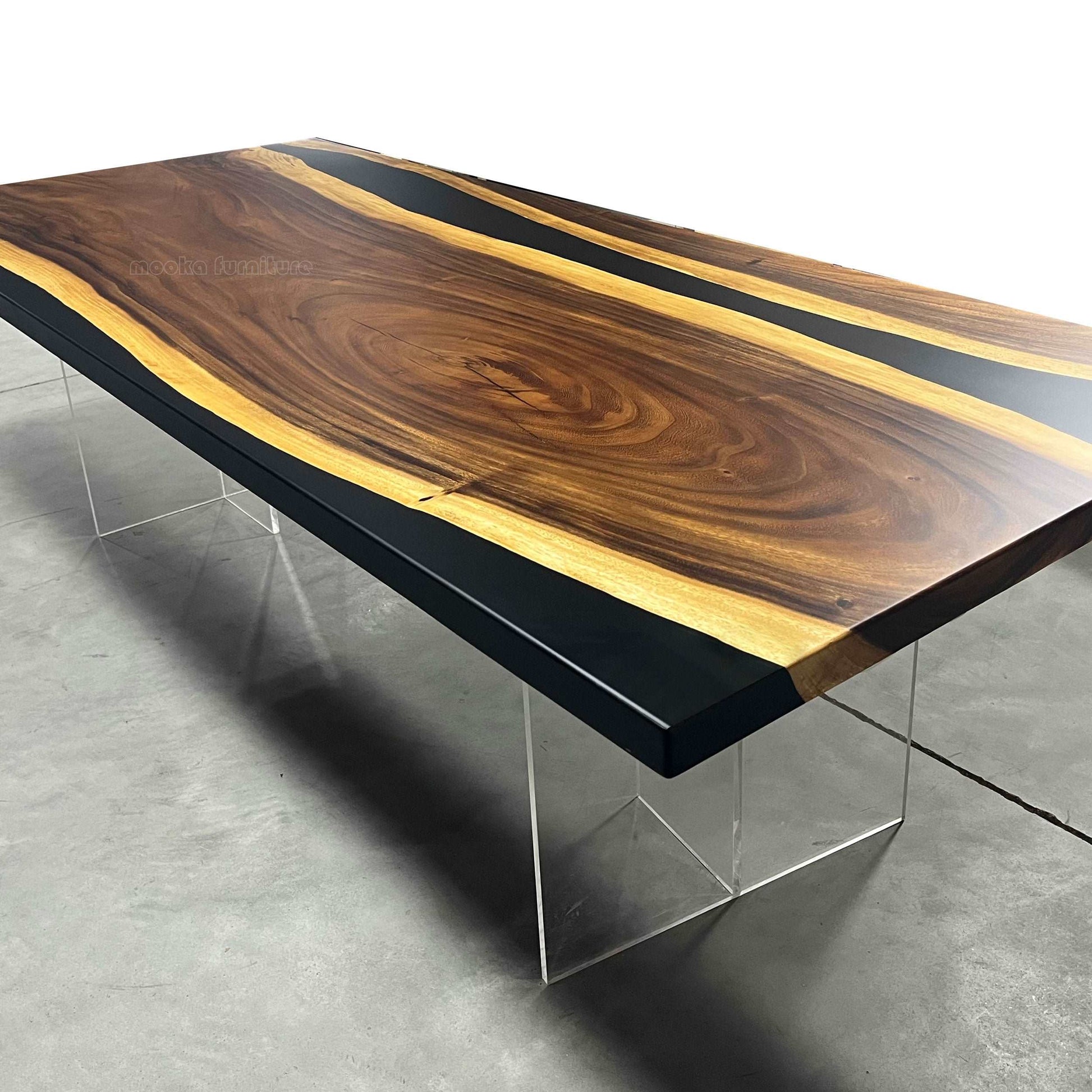 Live edge natural wood black resin river dining table for 8 seater