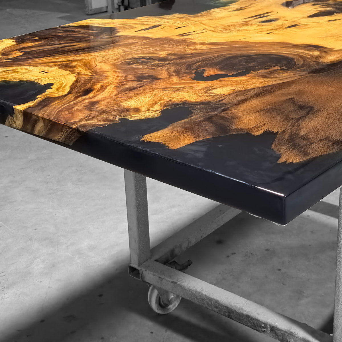 Custom made one piece wood dining table with deep blue epoxy exotic wood table for 8 10 people