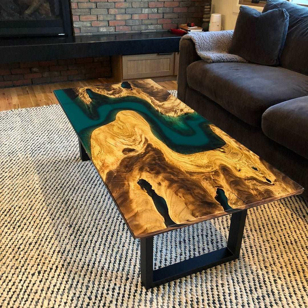Unique live edge natural wood table with green epoxy coffee table - MOOKA FURNITURE