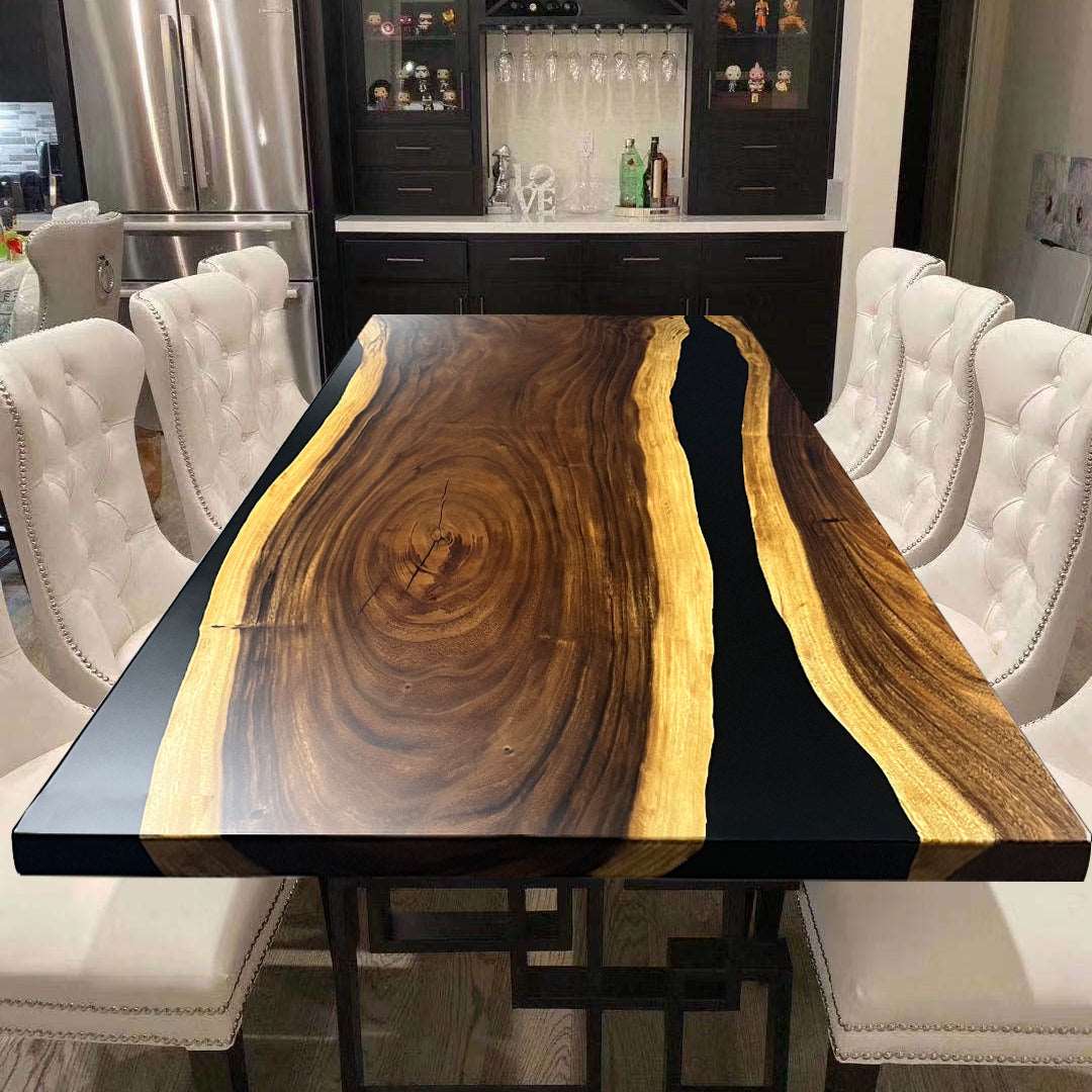 Live edge natural wood black resin river dining table for 8 or 10 seater