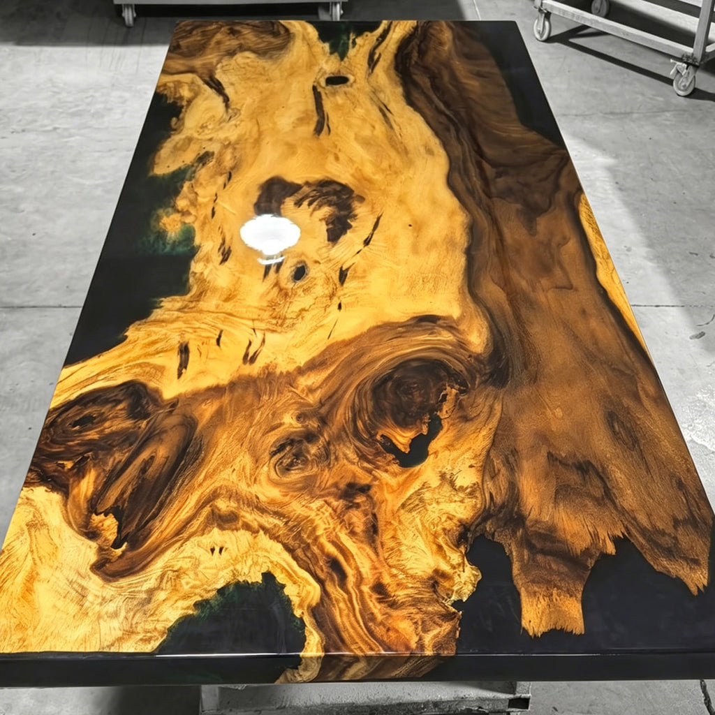 Custom made one piece wood dining table with deep blue epoxy exotic wood table for 8 10 people