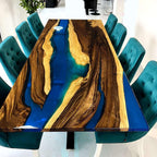 Rustic wood clear cobalt blue epoxy river wild style dining table for 8-10 people - MOOKA FURNITURE