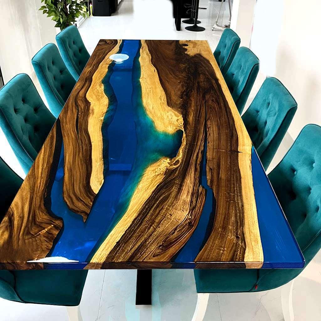 Rustic wood clear cobalt blue epoxy river wild style dining table for 8-10 people - MOOKA FURNITURE