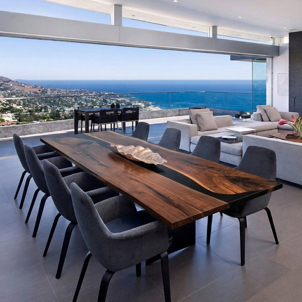 Luxury elegant black walnut slab with black epoxy dining table for 10-12 people