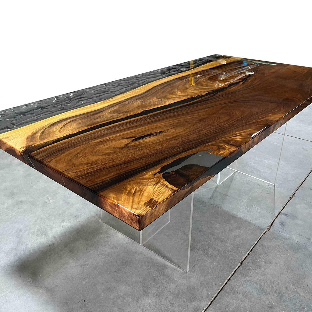 Live edge one-piece natural wood grey epoxy with wave river table dining table for 8 seaters - MOOKA FURNITURE