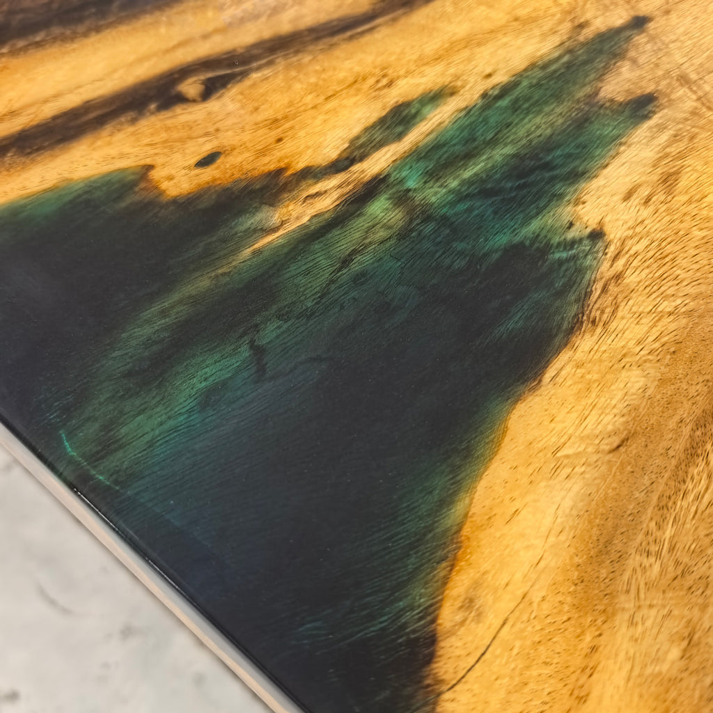 Custom made one piece wood dining table with deep blue epoxy exotic wood table for 8 10 people