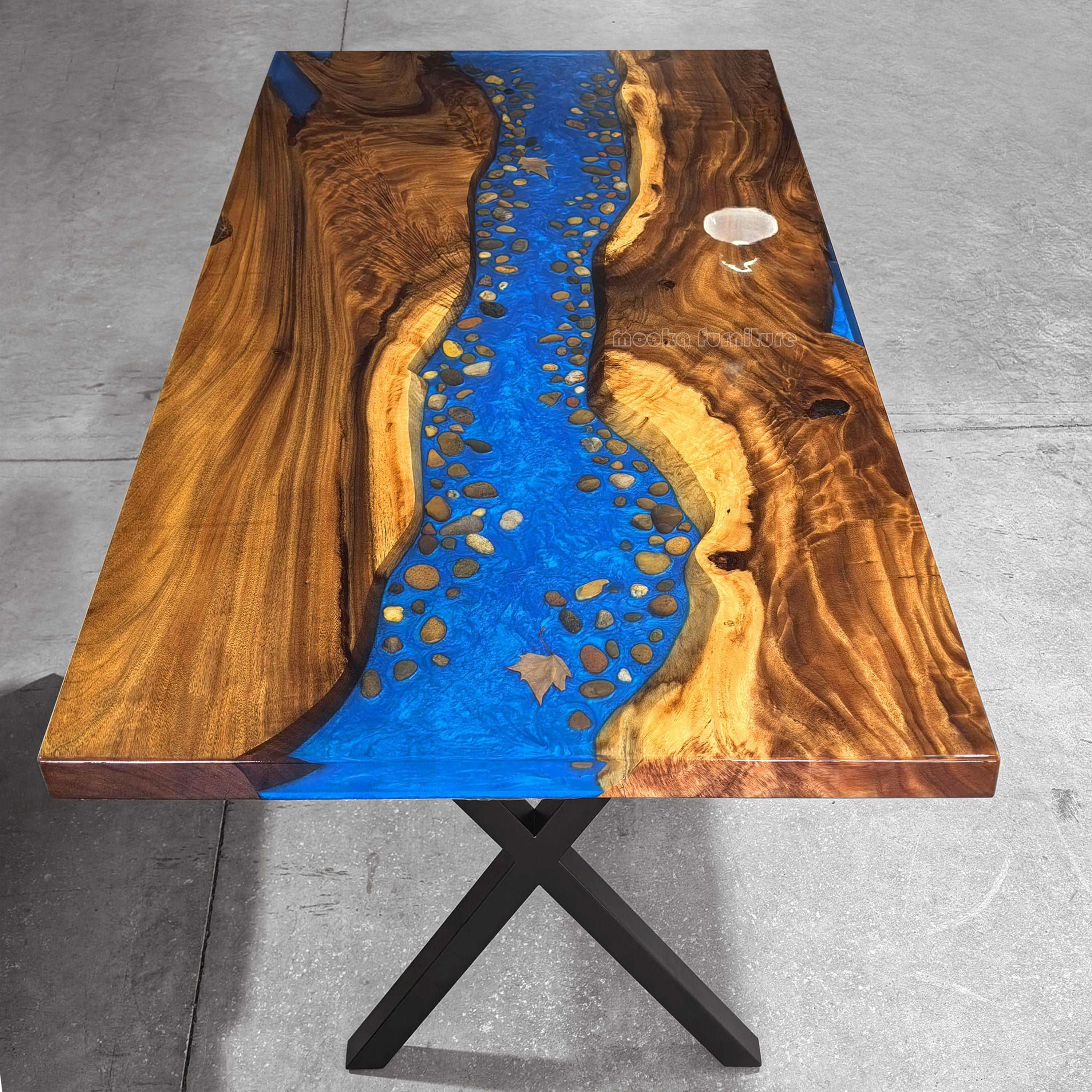 Customized wood dining table with blue resin river w/ natural pebbles rocks leaf stylish table for 6/8/10 people - MOOKA FURNITURE