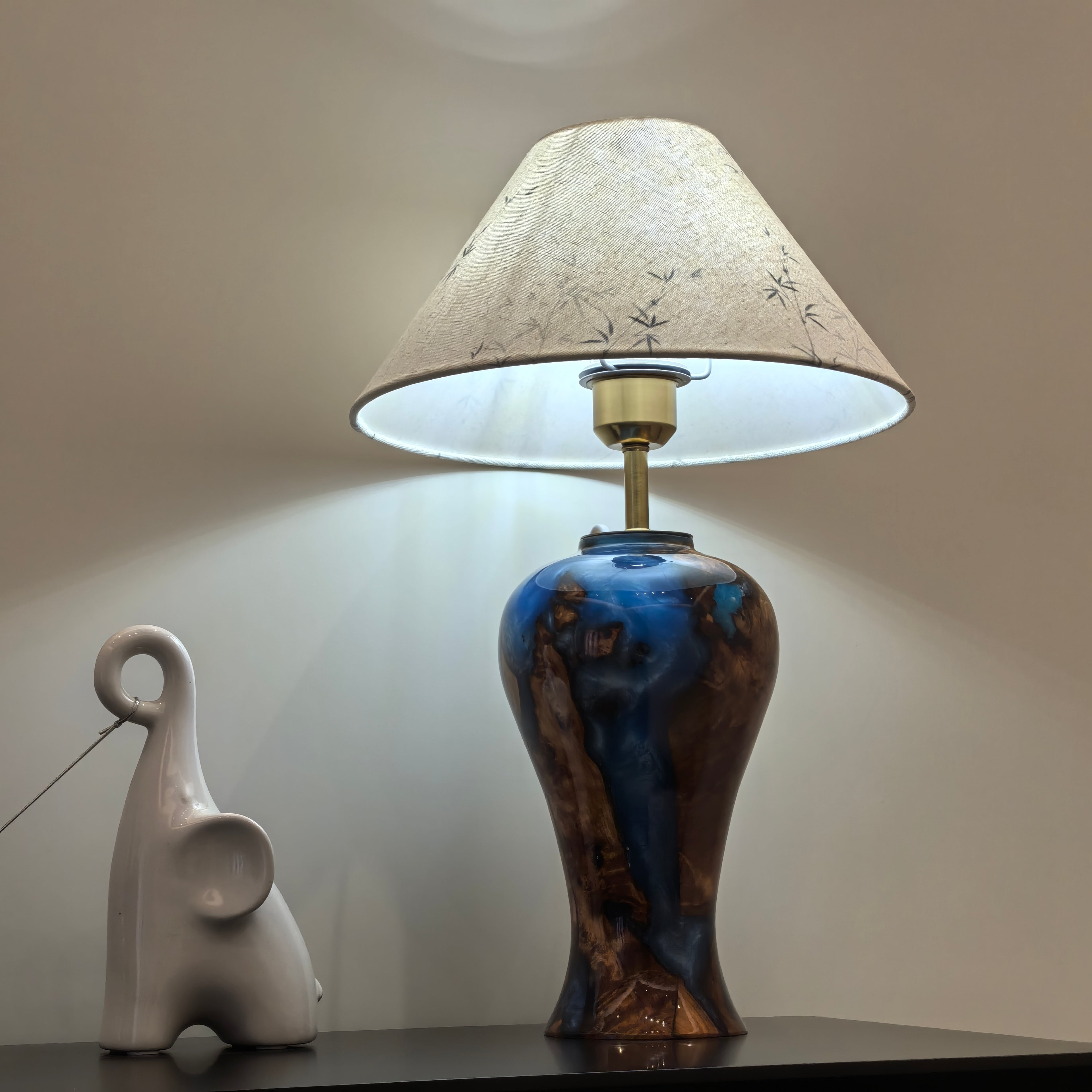 Hand-carved one-of-a-kind Burl Wood Resin table Lamp