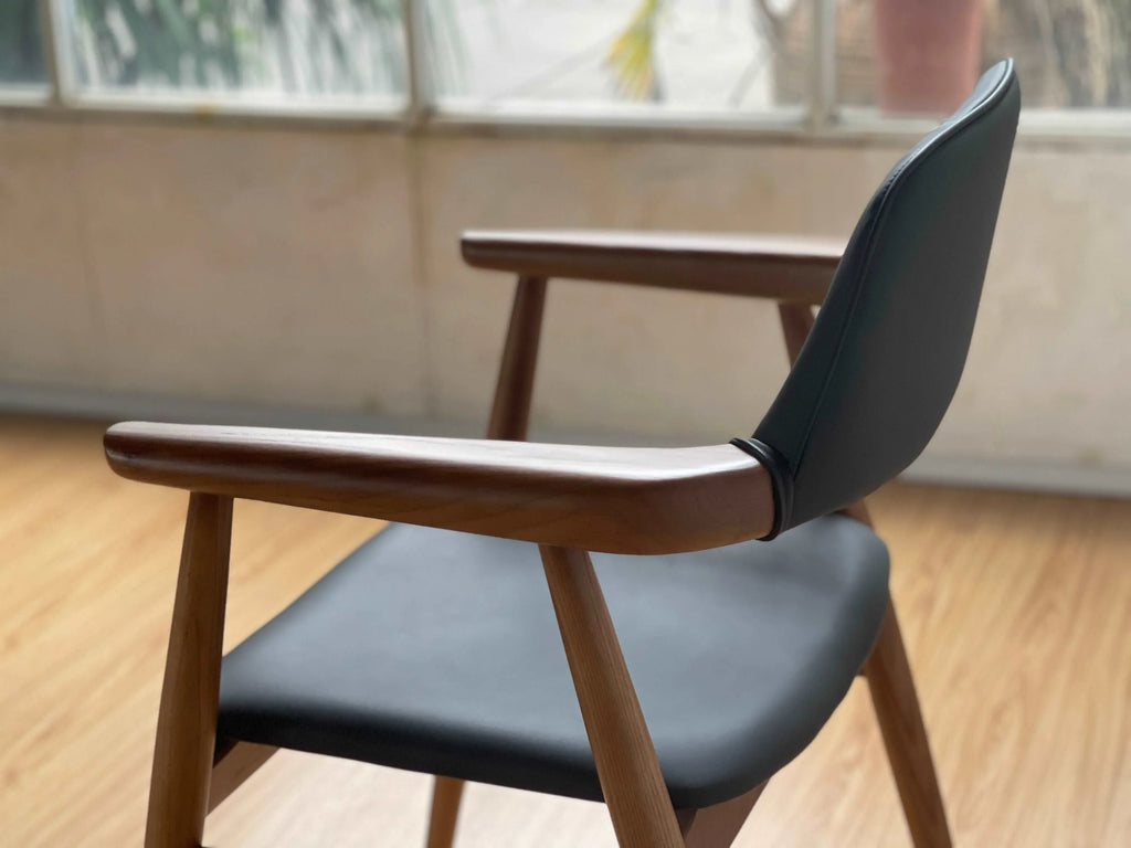 Sam Dining Chair in solid wood with easy clean vegan leather back rest and seat - MOOKA FURNITURE