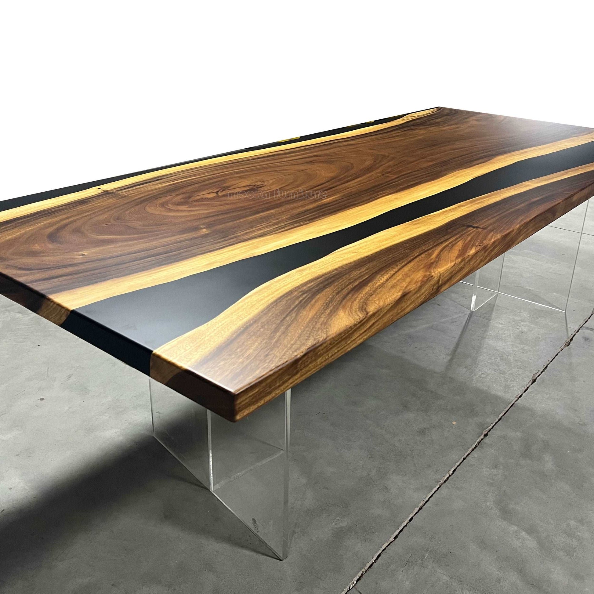 Live edge natural wood black resin river dining table for 8 seater