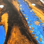 Stylish dining table with blue resin river natural pebbles rocks leaf handmade table for 6-8 people - MOOKA FURNITURE