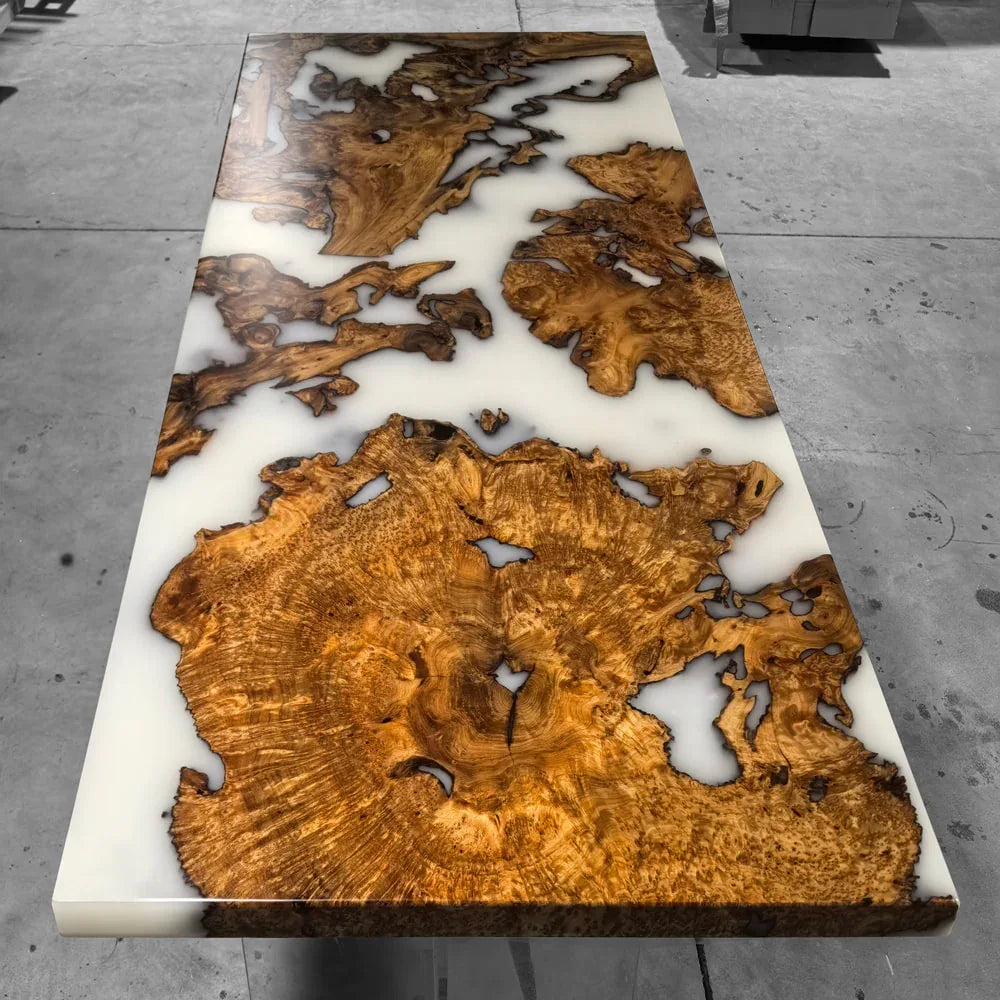 Luxury handmade wood burl white epoxy dining table for 6-8 people - MOOKA FURNITURE