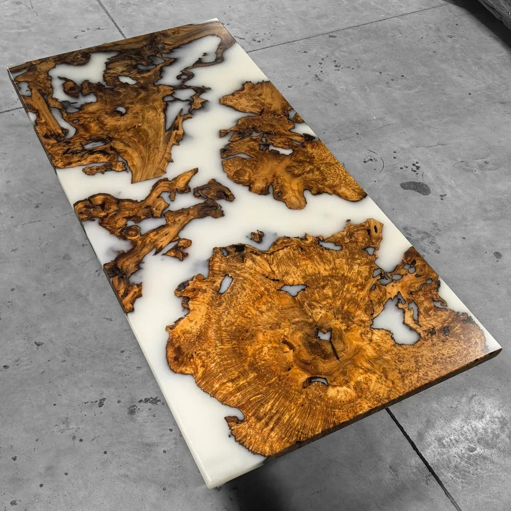 Luxury handmade wood burl white epoxy dining table for 6-8 people - MOOKA FURNITURE