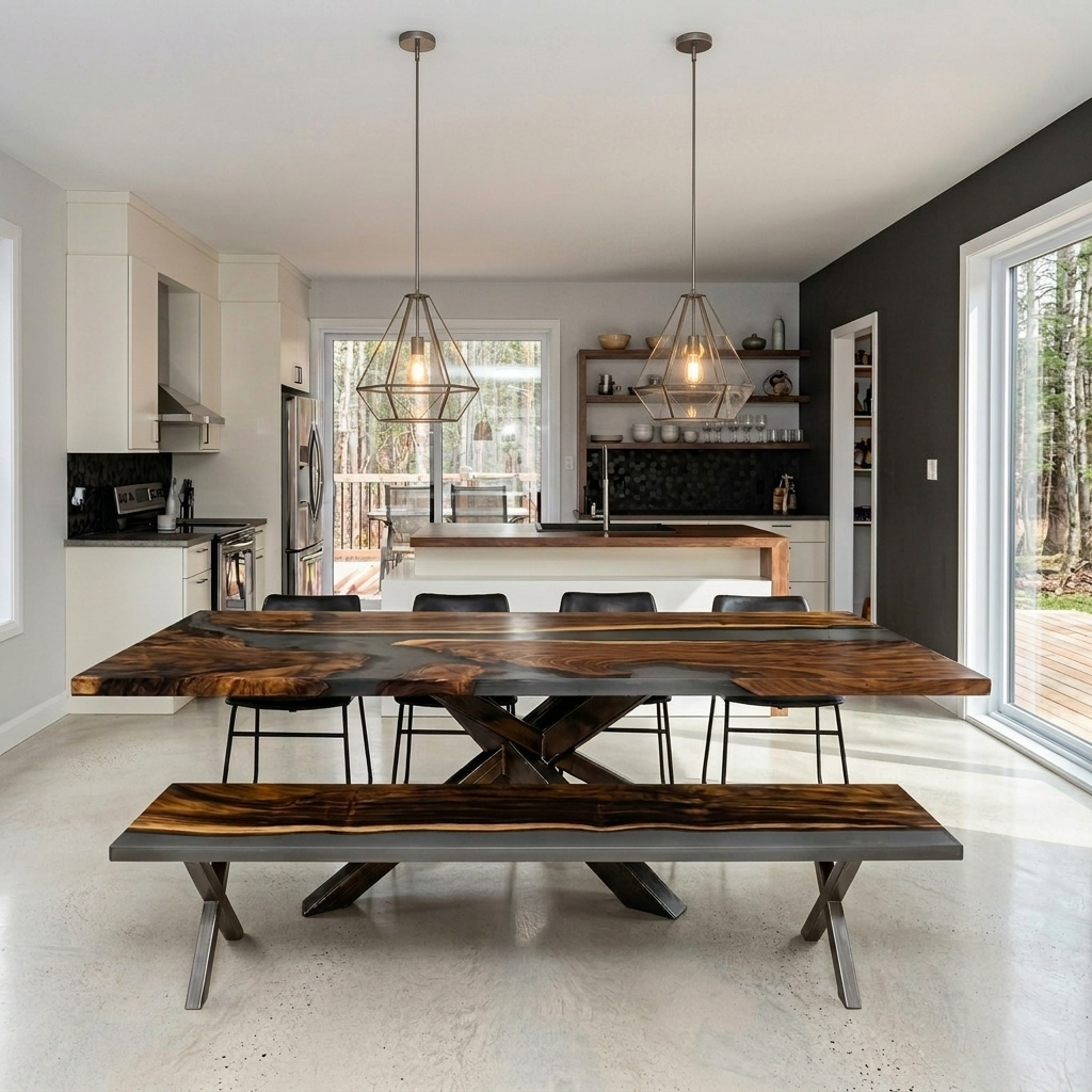 Exquisite exotic wood with grey epoxy  dining table with bench