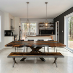 Exquisite exotic wood with grey epoxy  dining table with bench