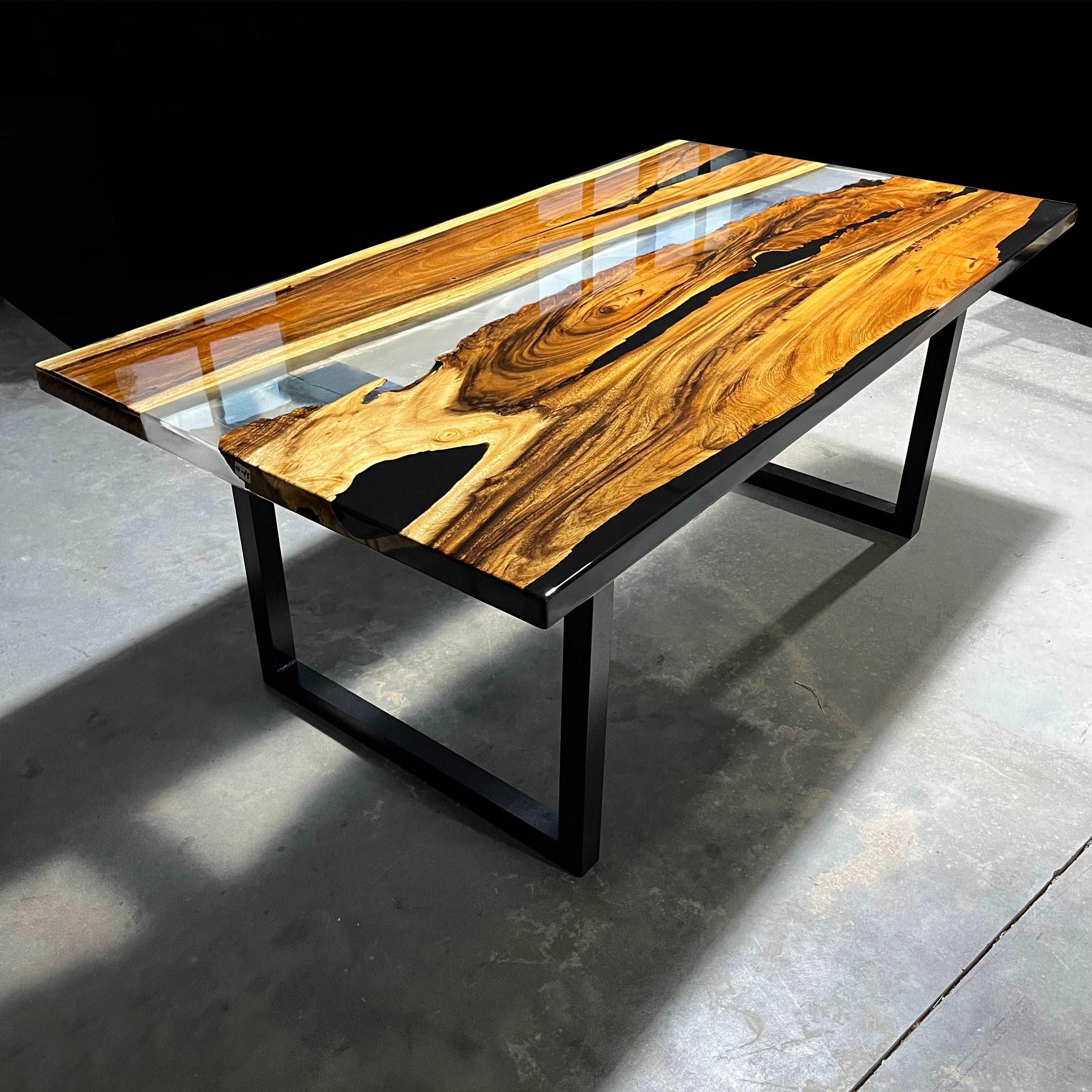 Make to order personalized wood epoxy river table with clear resin black epoxy parota natural wood dining table for 6/8/10 people - MOOKA FURNITURE