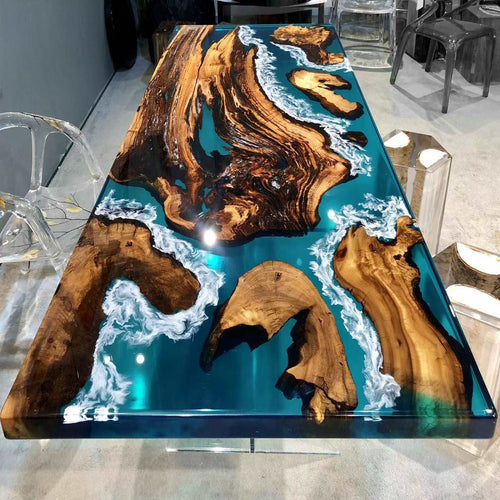 Turquoise creative resin wood dining table of clear blue epoxy river table free shipping - MOOKAFURNITURE
