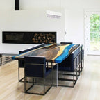 Glossy blue epoxy river table for 10 people dining table
