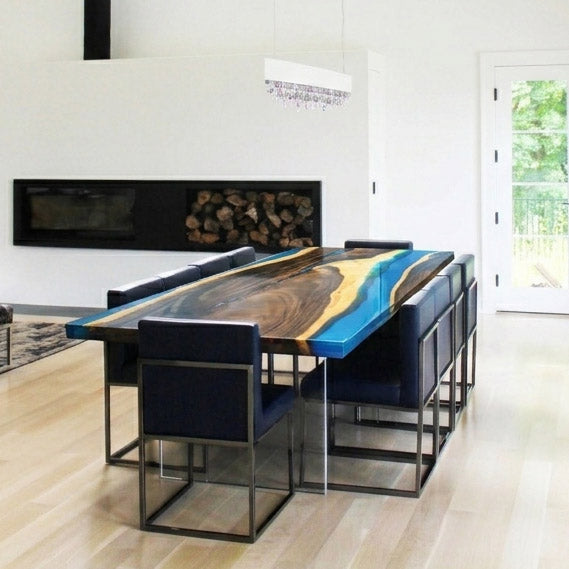 Glossy blue epoxy river table for 10 people dining table