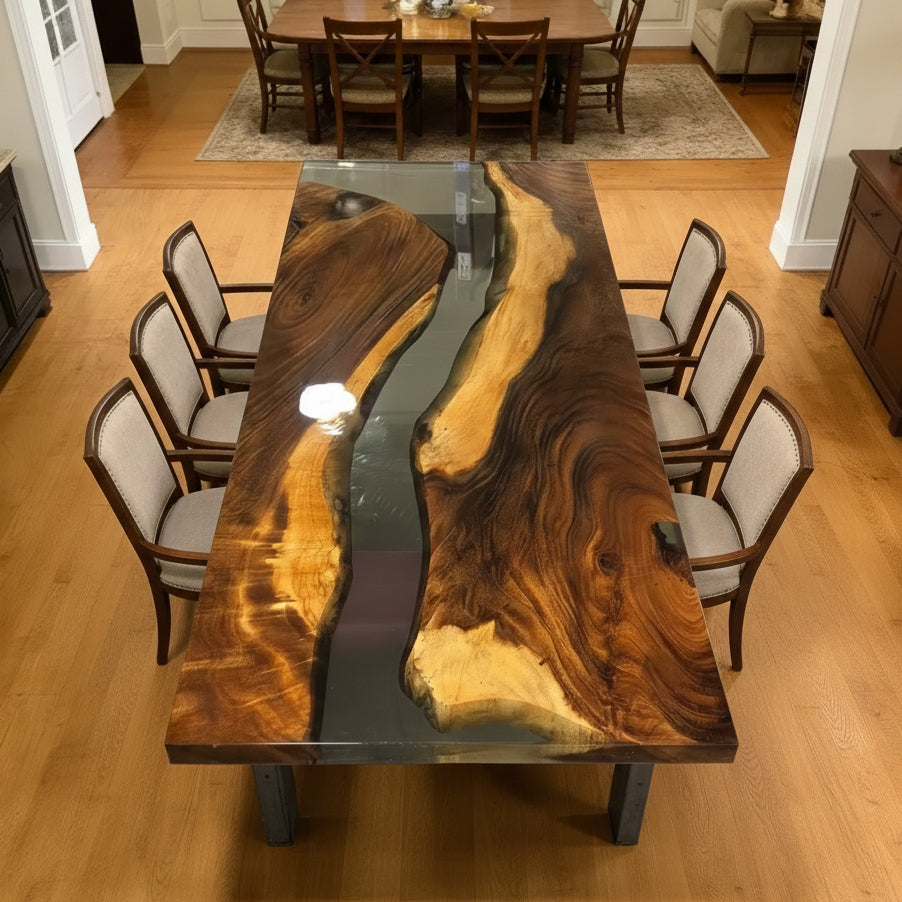 One of a kind dining table live edge organic wood with gray epoxy river table for 8 people