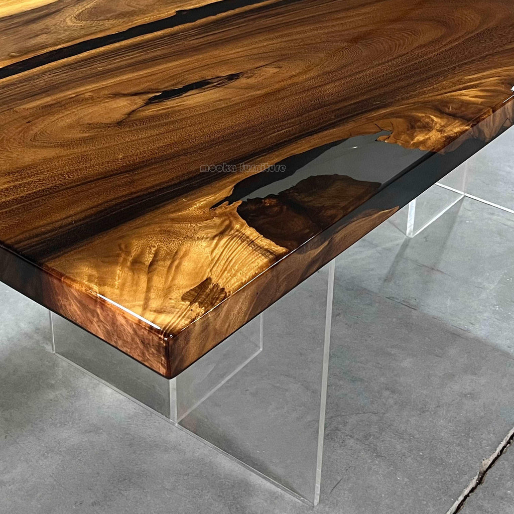 Live edge one-piece natural wood grey epoxy with wave river table dining table for 8 seaters - MOOKA FURNITURE