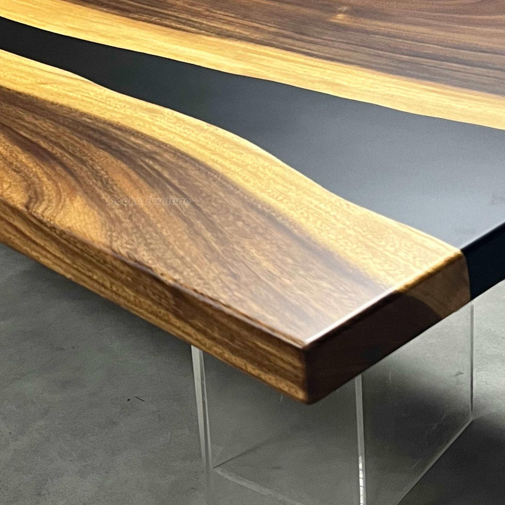 Live edge natural wood black resin river dining table for 8 or 10 seater - MOOKA FURNITURE