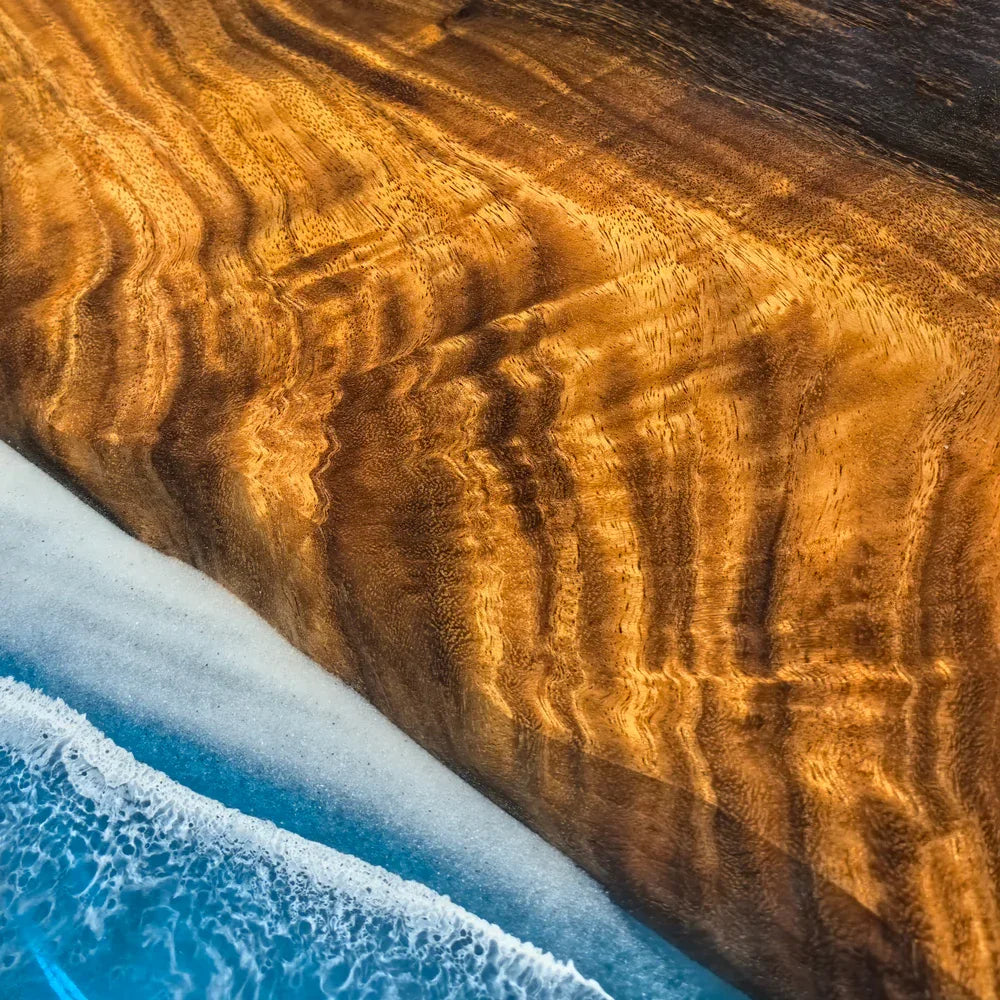 Natural wood dining table with blue epoxy ocean beach wave scene table for 10-12 people - MOOKA FURNITURE