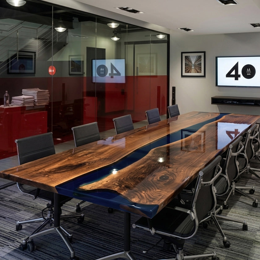 Black walnut glossy meeting room table deep blue epoxy conference table for 10 seats
