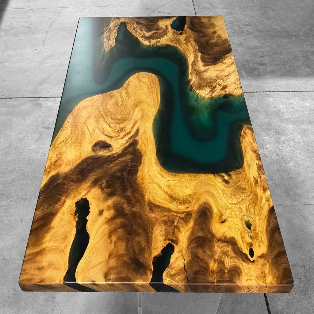 Unique live edge natural wood table with green epoxy coffee table - MOOKA FURNITURE