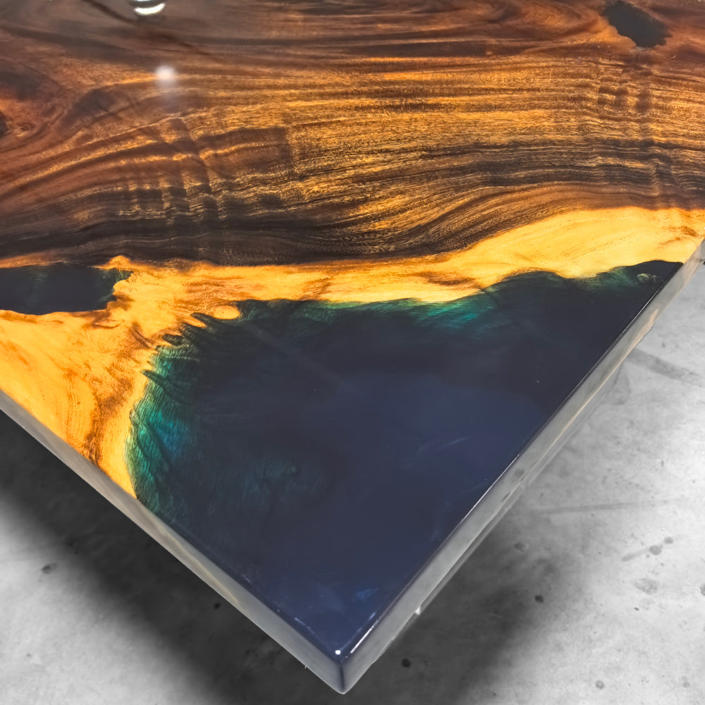 Deep blue epoxy luxury unique exotica wood dining table for 8 people