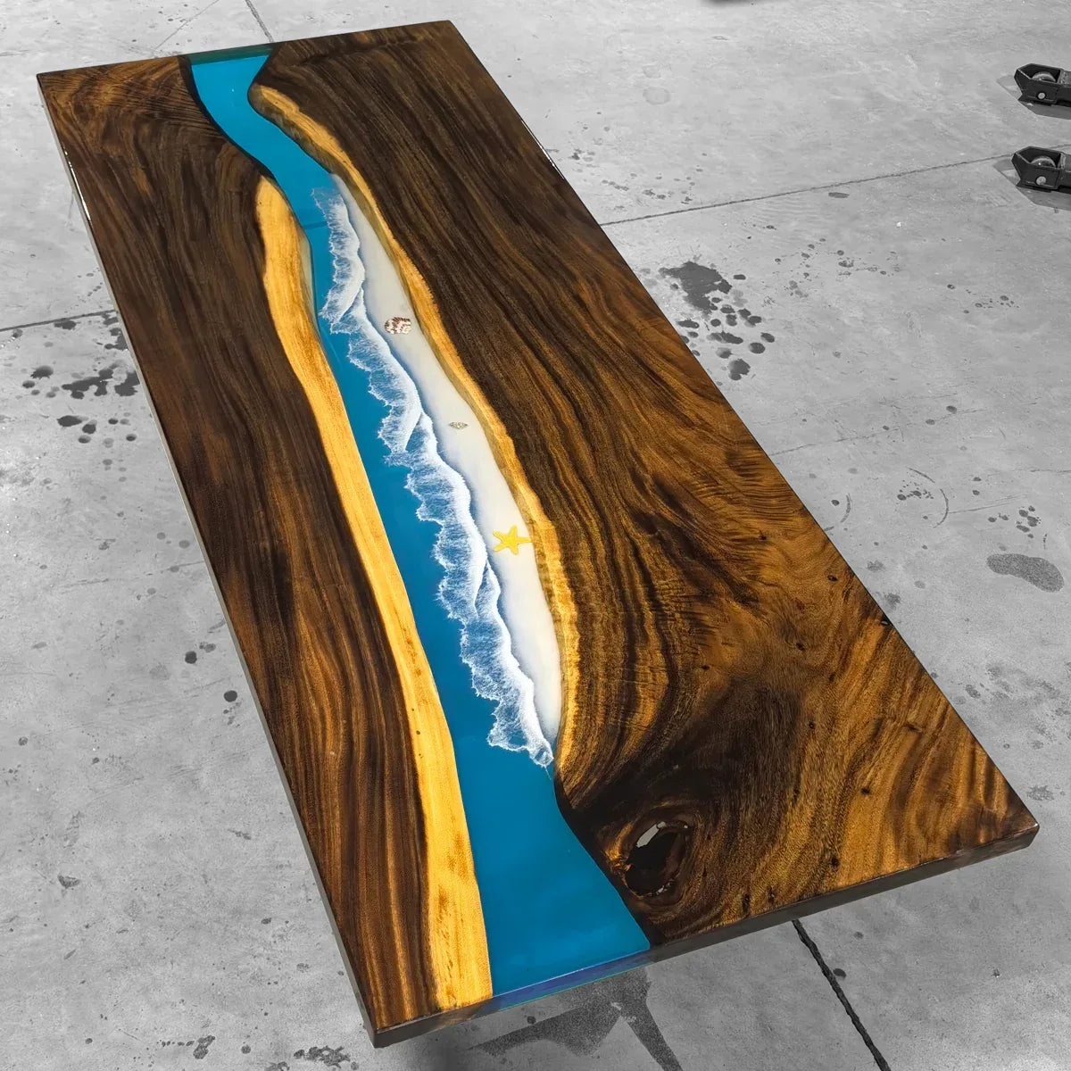 Live edge orgainic wood resin river table ocean themed dining