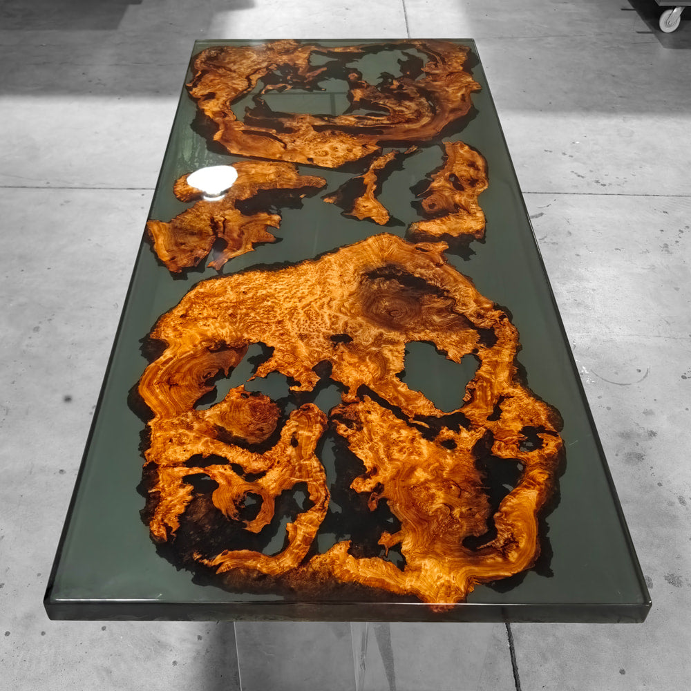 Luxury custom made wood burl grey resin dining table for 8 people