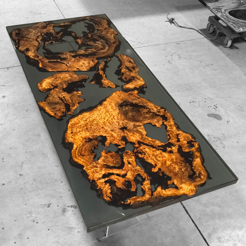 Luxury custom made wood burl grey resin dining table for 8 people