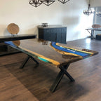 Luxury natural wood with blue epoxy dining river table for 6 people