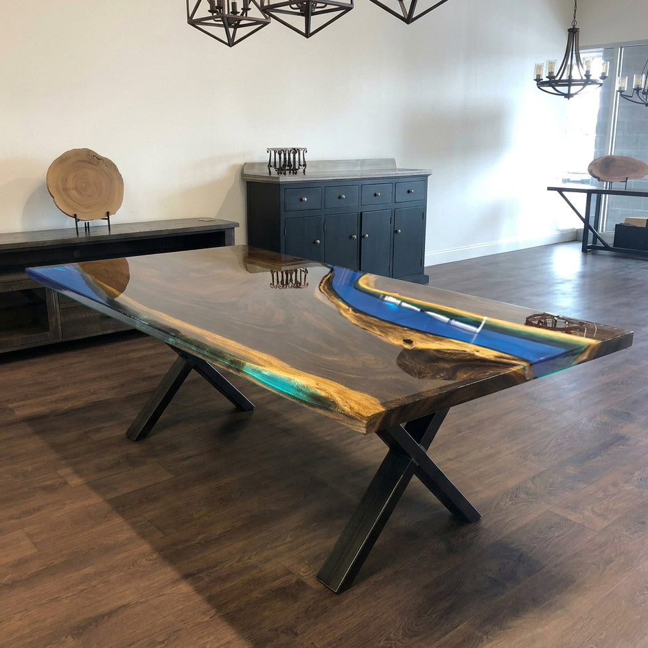 Luxury natural wood with blue epoxy dining river table for 6 people