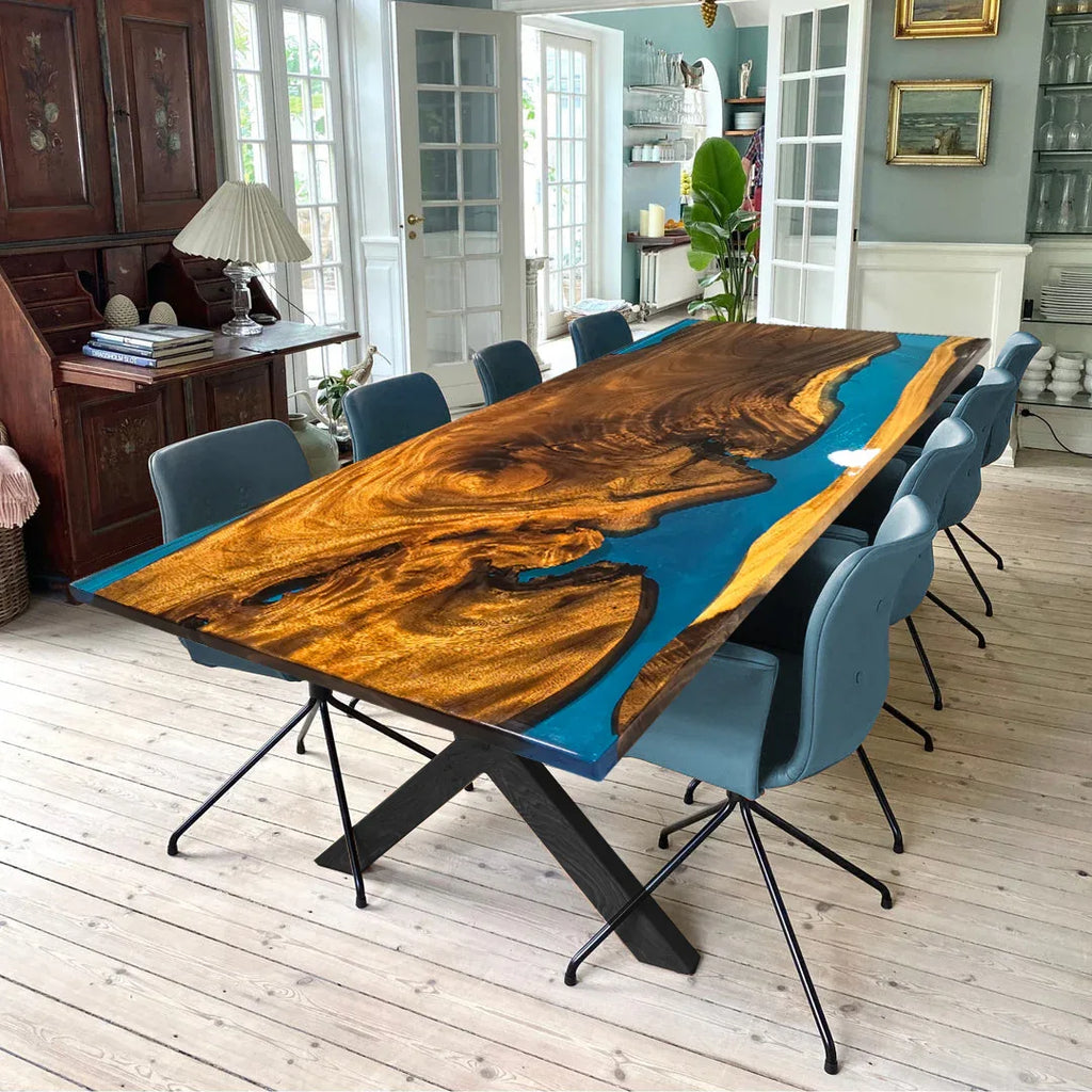 Unique stylish blue epoxy wood dining table for 8-10 people - MOOKA FURNITURE