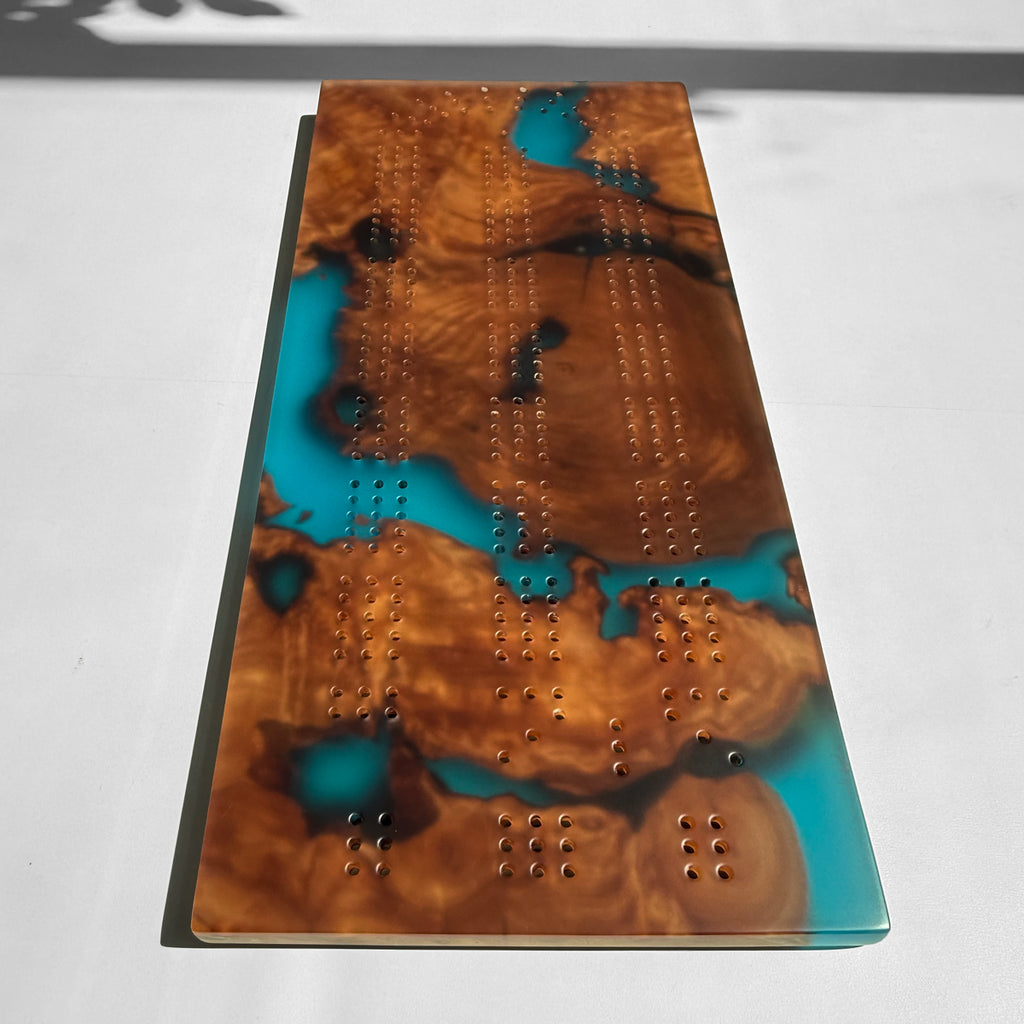 Unique Custom Handmade Luxury burl wood epoxy Cribbage Board
