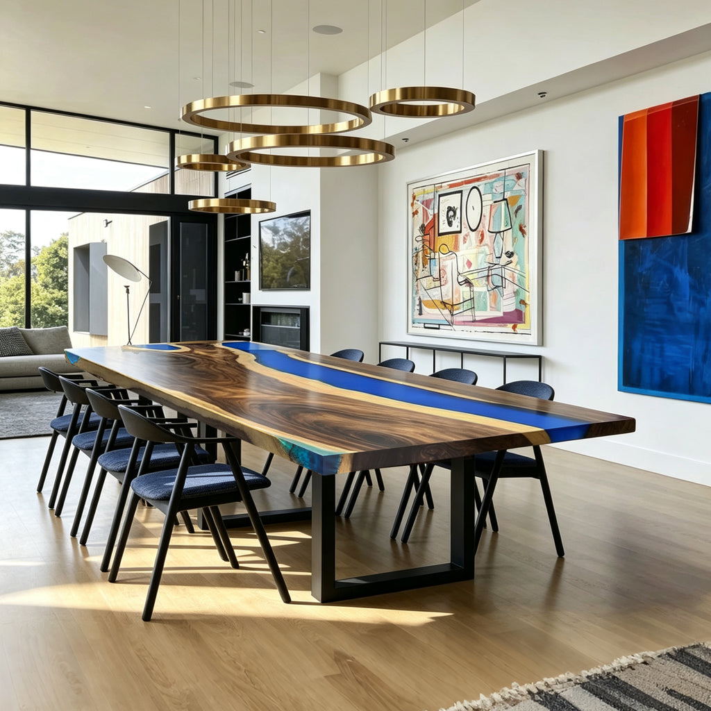 Luxury Craftsmanship solid wood blue epoxy large dining table 12ft for 12