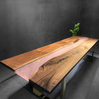 Customized black walnut live edge dining table w/ pink epoxy resin and gold foil leaf free shipping - MOOKA FURNITURE