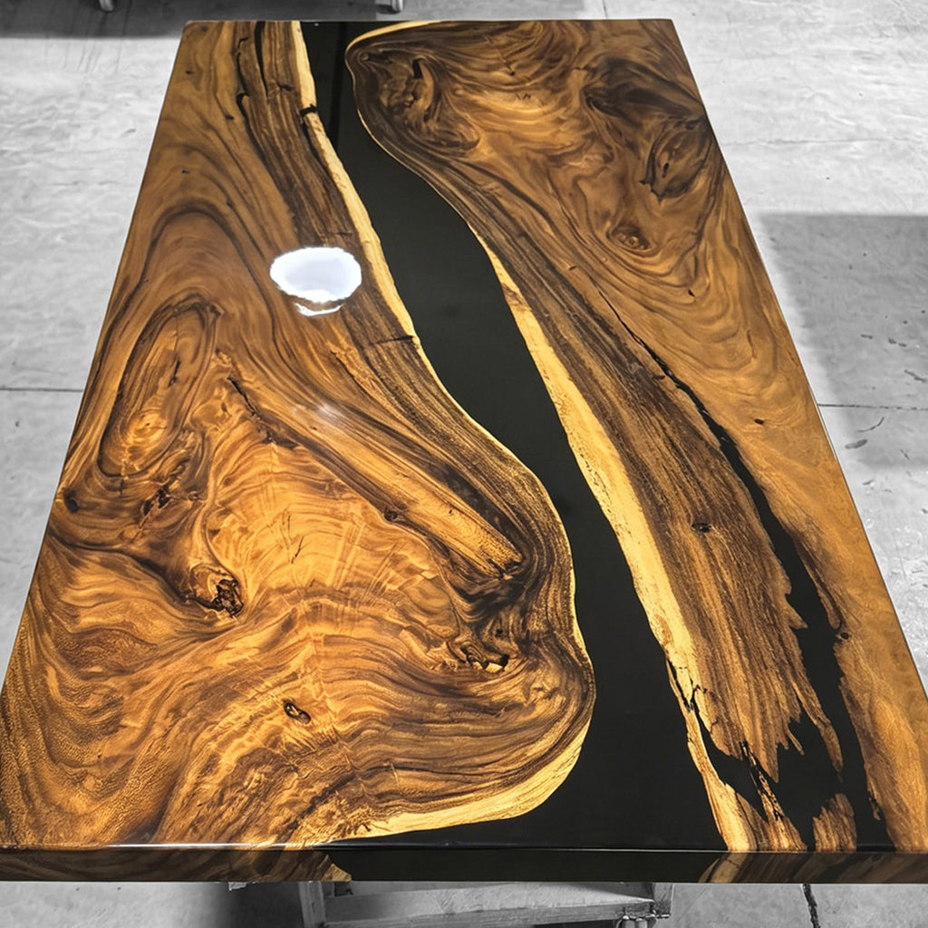 Custom made black epoxy river solid natural wood dining table for 8 seats