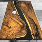 Custom made black epoxy river solid natural wood dining table for 8 seats