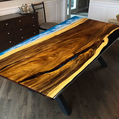 Multicolor epoxy with ocean theme wood dining table for 8 or 10 people
