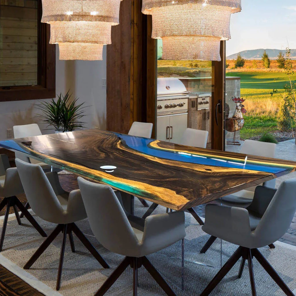 Luxury natural wood with blue epoxy dining river table for 6-8 people - MOOKA FURNITURE