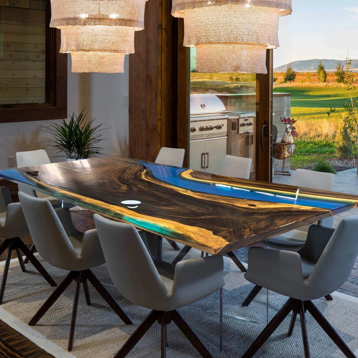 Luxury natural wood with blue epoxy dining river table for 6-8 people - MOOKA FURNITURE