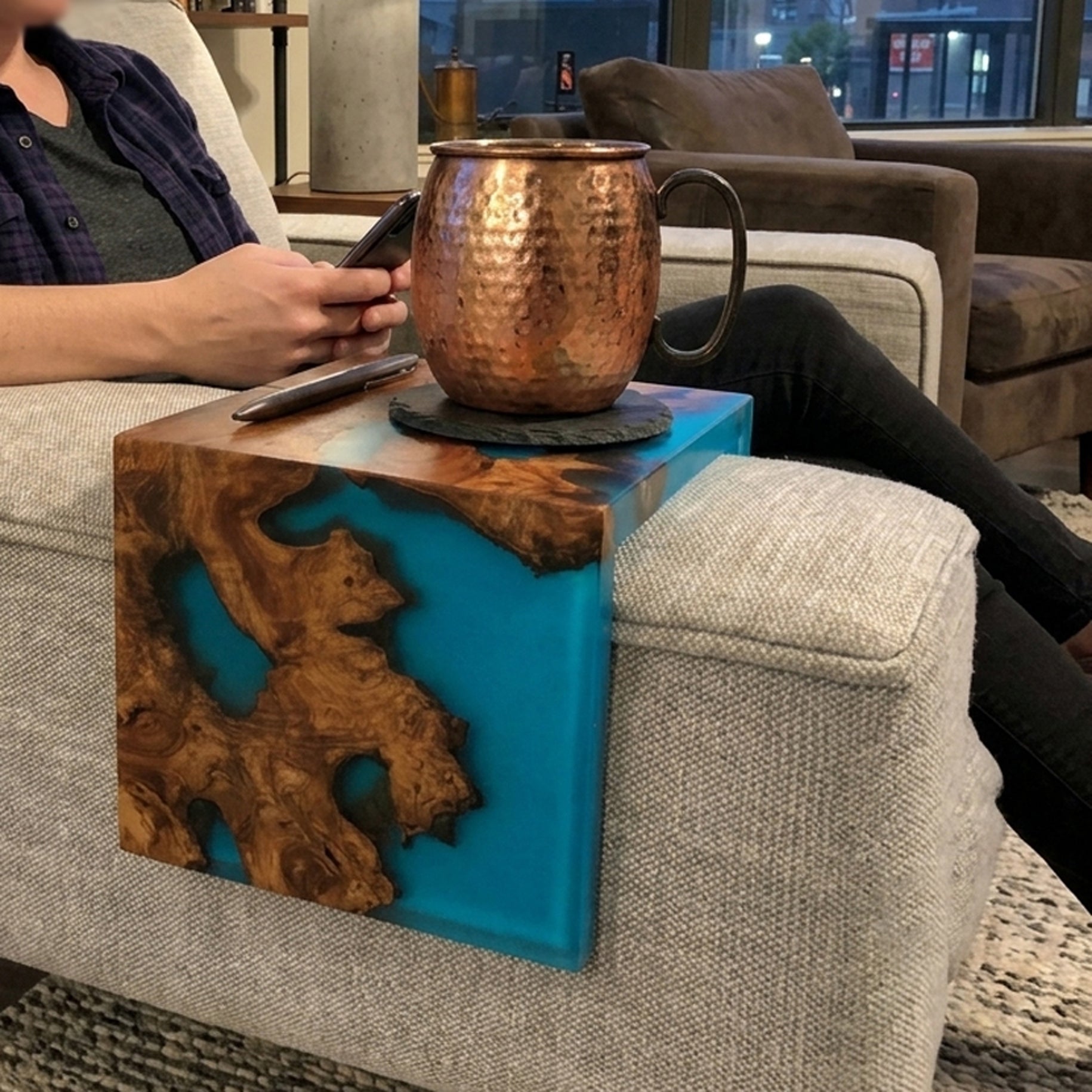 Handmade exotic burl  wood sofa armrest tray  waterfall design couch cup holder best gift for the one you love