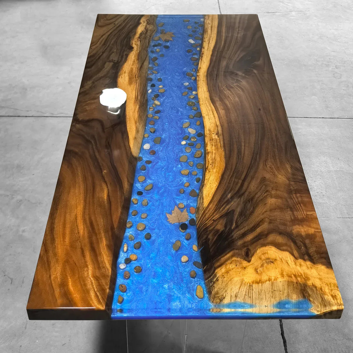 Stylish dining table with blue resin river natural pebbles rocks leaf handmade table for 6-8 people - MOOKA FURNITURE
