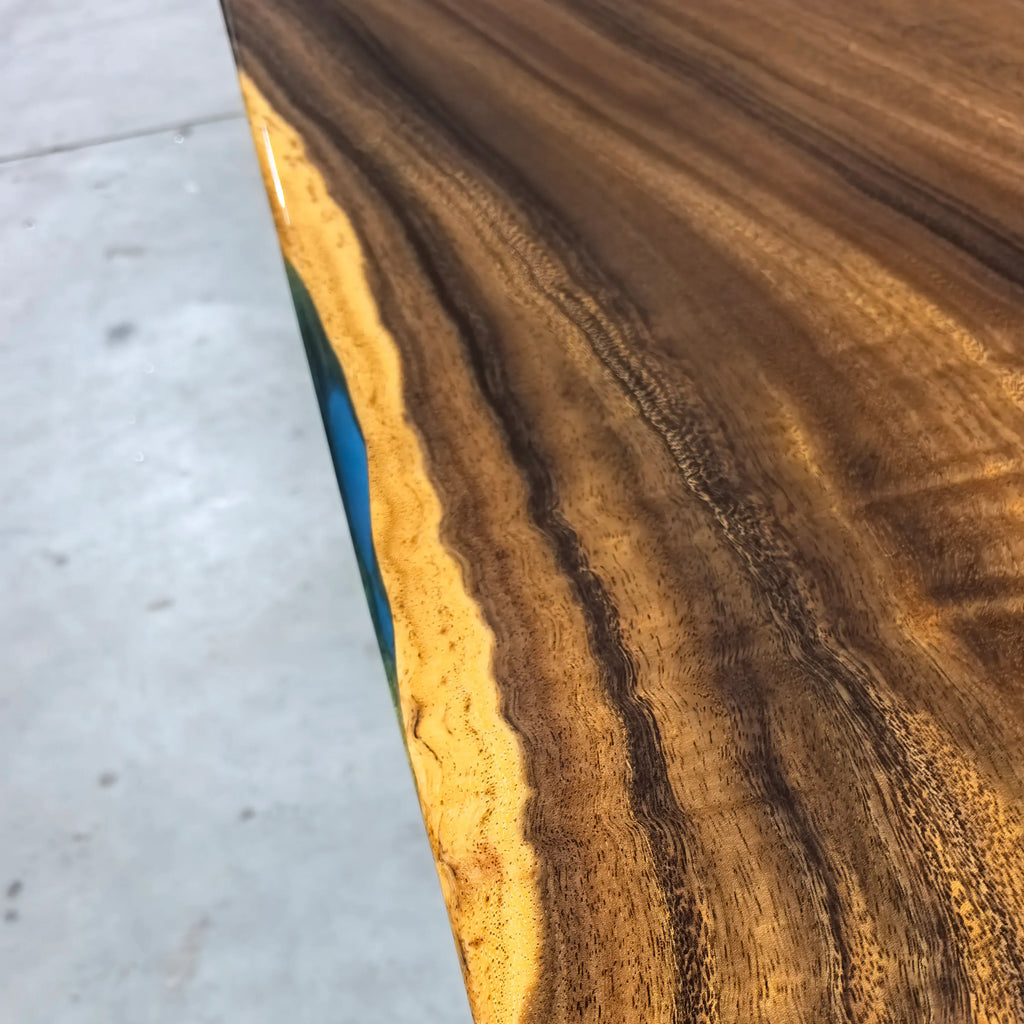 Single natural wood slab with blue epoxy dining table for 6-8 people - MOOKA FURNITURE