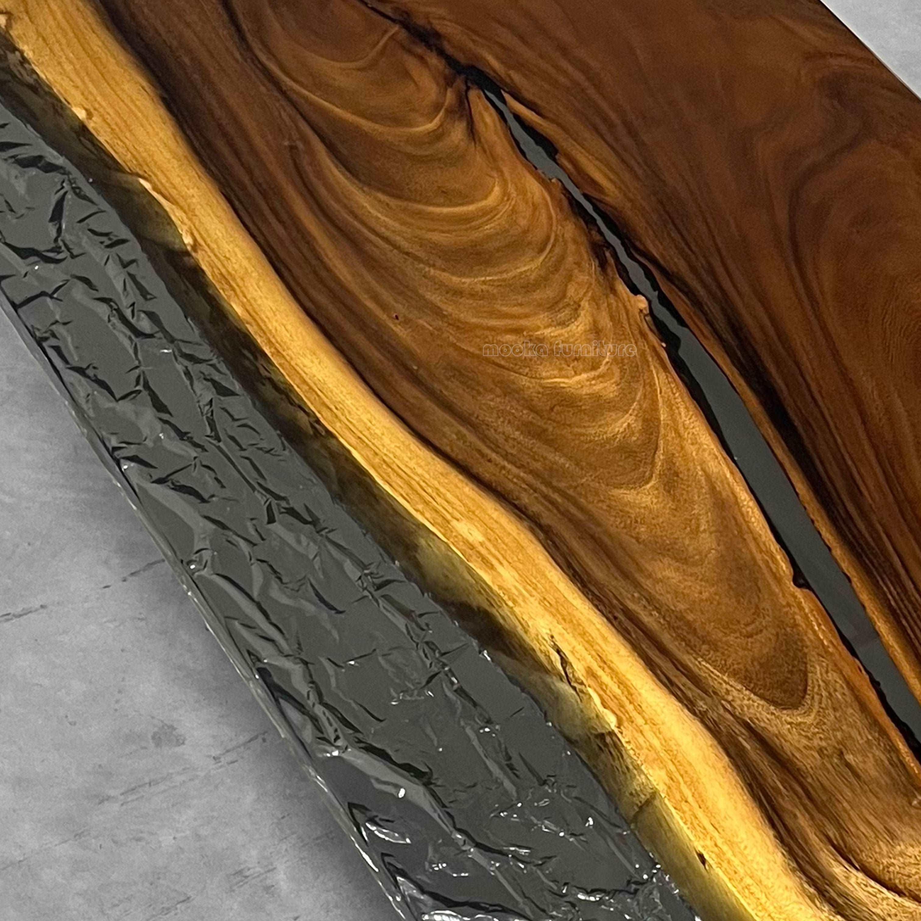 Live edge one-piece natural wood grey epoxy with wave river table dining table for 8 seaters - MOOKA FURNITURE