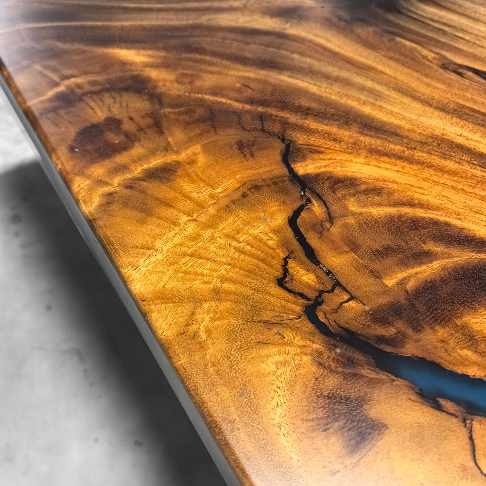 Custom made blue epoxy river solid natural wood dining table for 8 seats